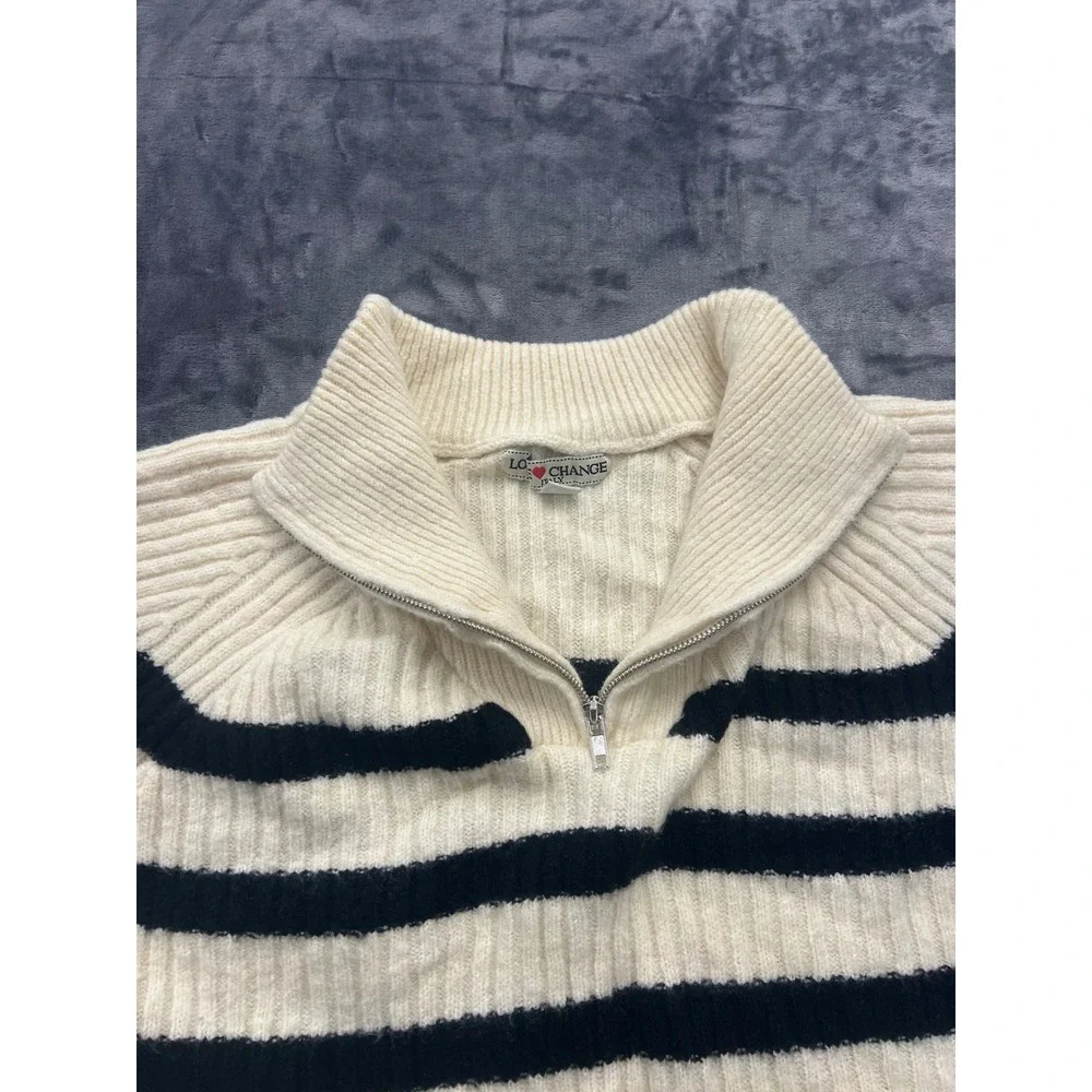 Love Change Italy Quarter Zip Sweater Womens XL Cream Black Striped Ribbed - Picture 5 of 8